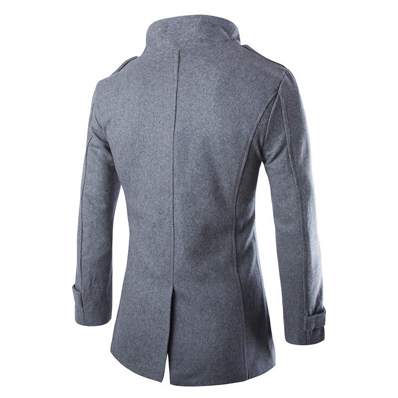 Slim-fit Men's Double-breasted Mid-length Stand Collar Woolen Coat