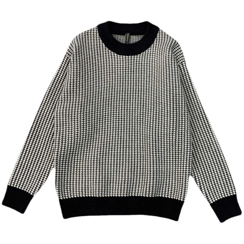 Round Neck Base Slim Fit Pullover Thick Plaid Sweater