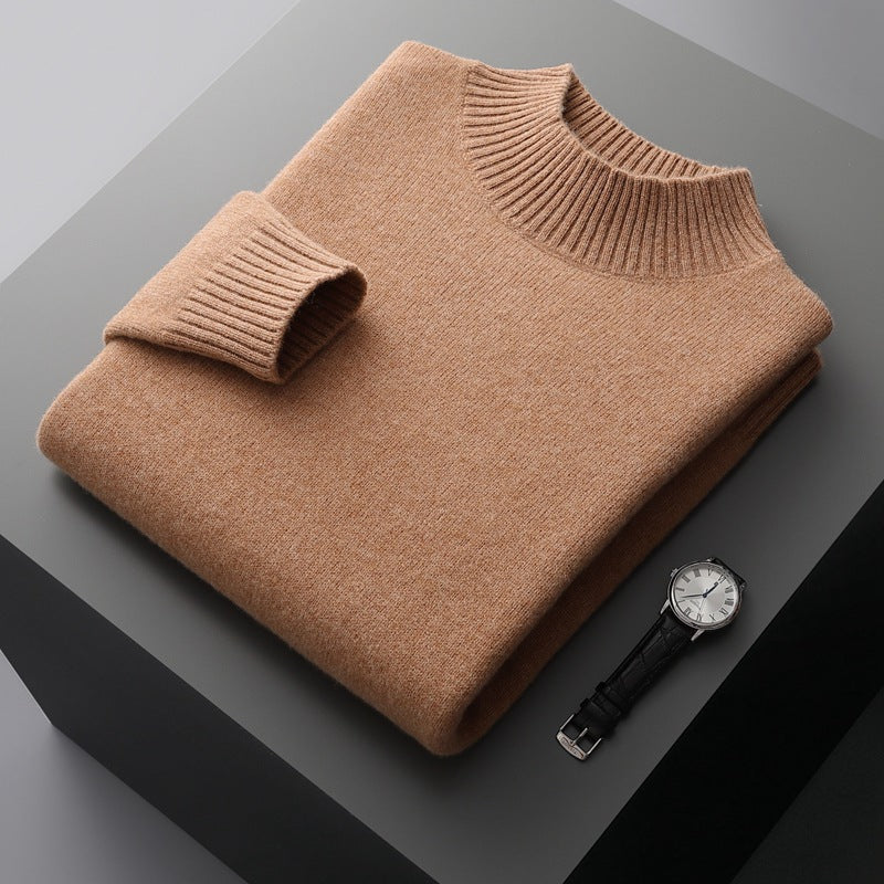 Mock Neck Sweater Men's Knitted Shirt Pure Wool