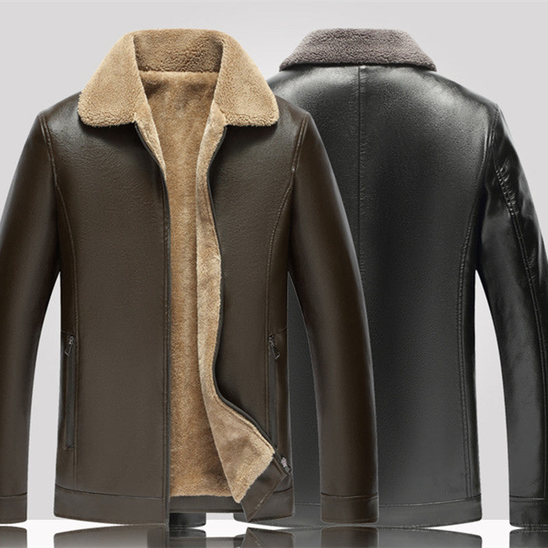 Men's Fashion Casual Polo Collar Fleece-lined Thickened Leather Jacket Coat