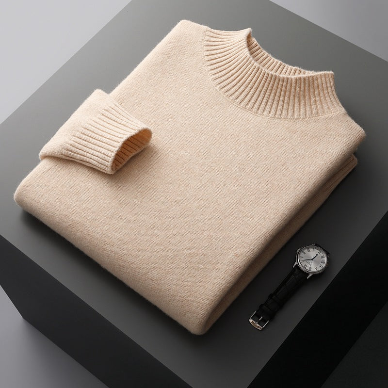 Mock Neck Sweater Men's Knitted Shirt Pure Wool