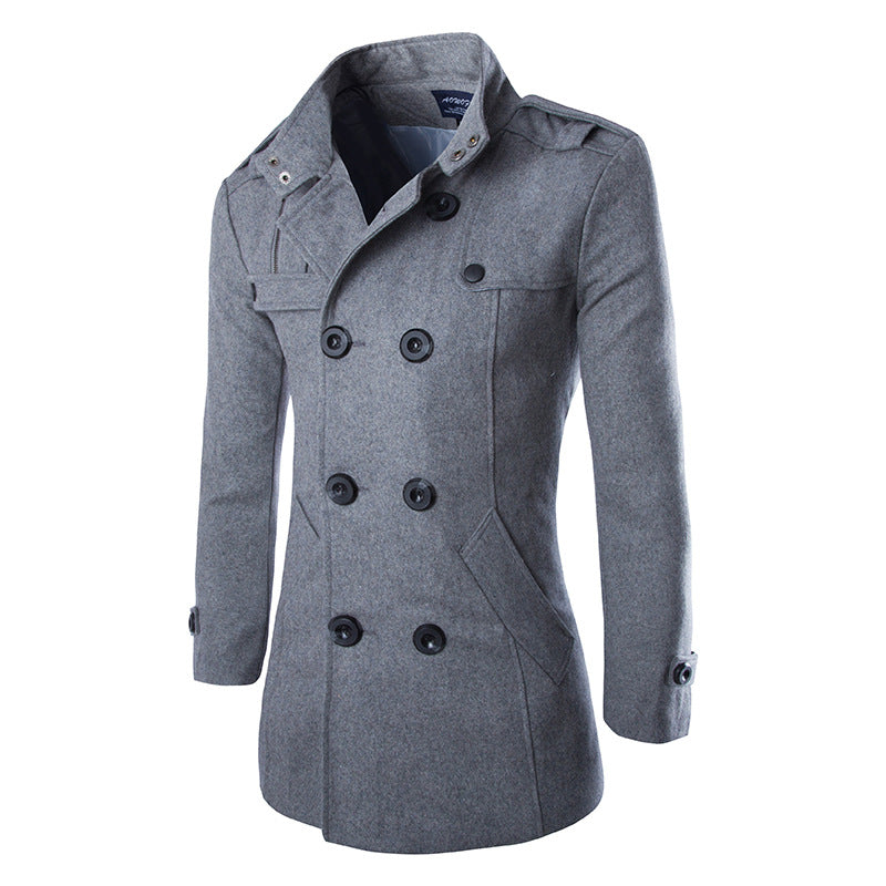 Slim-fit Men's Double-breasted Mid-length Stand Collar Woolen Coat