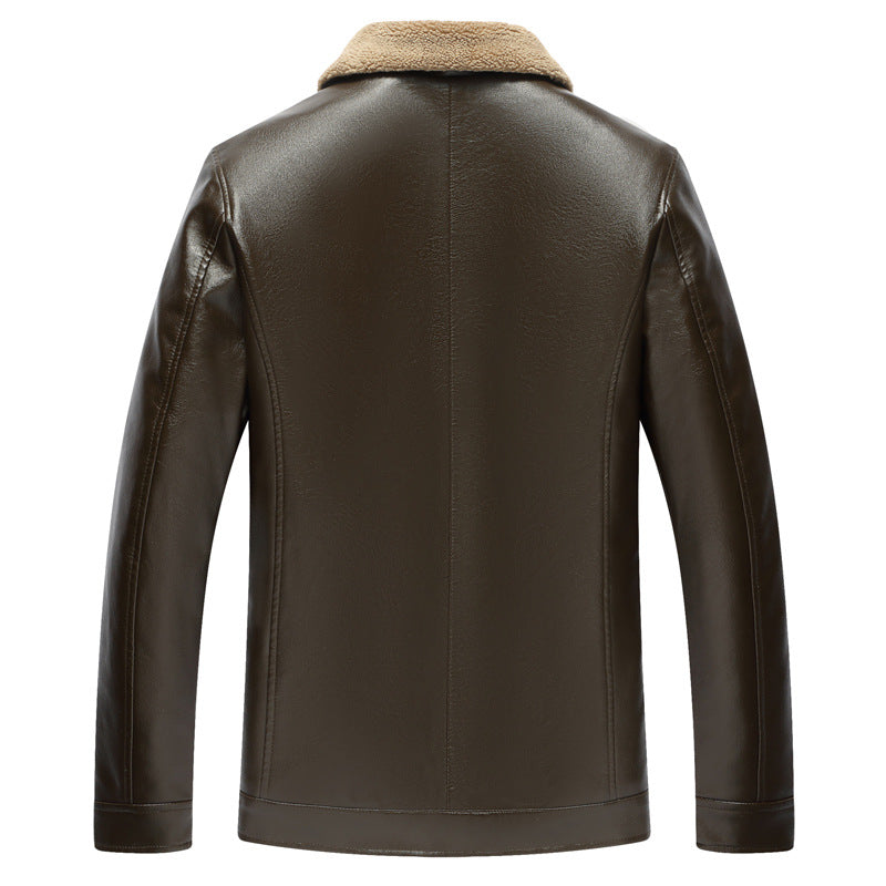 Men's Fashion Casual Polo Collar Fleece-lined Thickened Leather Jacket Coat